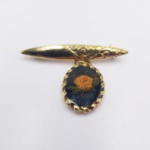 Vintage Victorian Revival Gold Tone Bar Pin with Dangling Portrait of a Rose Brooch