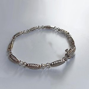Vintage Sterling Silver Open Work Love Panel Link Tennis Bracelet, Tiny Diamonds