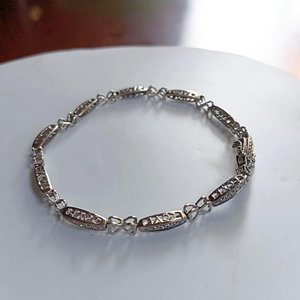 Vintage Sterling Silver Open Work Love Panel Link Tennis Bracelet, Tiny Diamonds