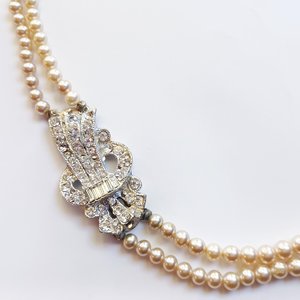 Stunning Vintage Double Strand Faux Pearls with Rhinestone Left Side Clasp Necklace, Made in Japan