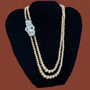 Stunning Vintage Double Strand Faux Pearls with Rhinestone Left Side Clasp Necklace, Made in Japan