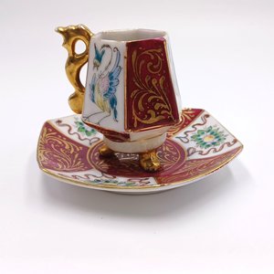 Vintage Ardalt Japanese Burgundy Lemmile  Porcelain Demitasse Cup and Saucer #6396