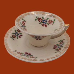 Miniature Teacup Demitasse Cup and Saucer Set, Floral Design Made in Occupied Japan, Vintage