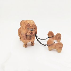 1940's Hand Carved Wooden Chained Sheepdogs Mom and 2 Pups