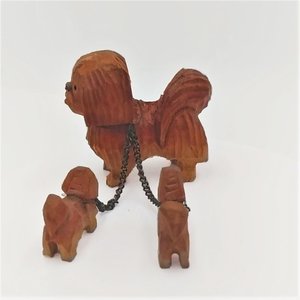 1940's Hand Carved Wooden Chained Sheepdogs Mom and 2 Pups