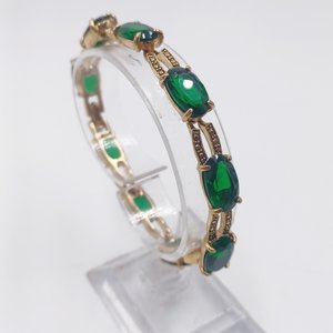 Monet Gold Tone and Dark Green Jewel Link Bracelet and Dangle Earrings Jewelry Set