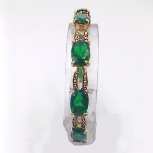 Monet Gold Tone and Dark Green Jewel Link Bracelet and Dangle Earrings Jewelry Set