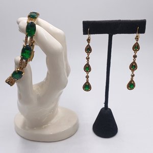 Monet Gold Tone and Dark Green Jewel Link Bracelet and Dangle Earrings Jewelry Set