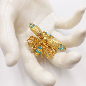 Jeanne Gold Plated Articulated Bug with Rhinestones Trembling Wings Brooch, Vintage