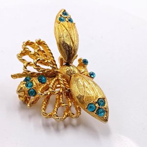 Jeanne Gold Plated Articulated Bug with Rhinestones Trembling Wings Brooch, Vintage