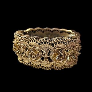 Vintage Tortolani Gold Tone Chunky Hinged Roses Clamper Bracelet