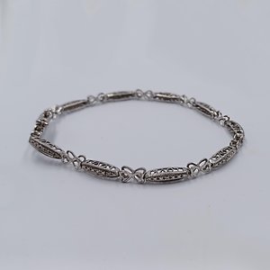 Vintage Sterling Silver Open Work Love Panel Link Tennis Bracelet, Tiny Diamonds