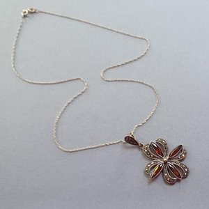 Vintage Art Deco Sterling Silver Marcasite and Topaz Flower Clover Pendant Necklace