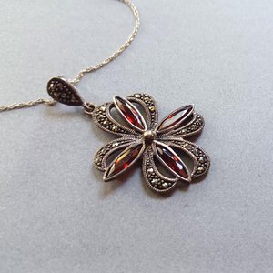 Vintage Art Deco Sterling Silver Marcasite and Topaz Flower Clover Pendant Necklace
