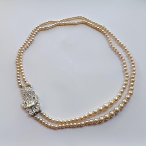 Stunning Vintage Double Strand Faux Pearls with Rhinestone Left Side Clasp Necklace, Made in Japan