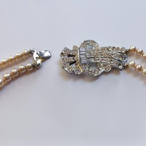 Stunning Vintage Double Strand Faux Pearls with Rhinestone Left Side Clasp Necklace, Made in Japan