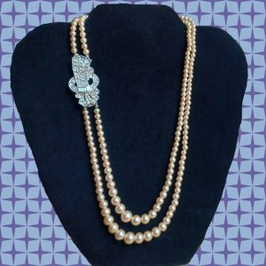 Stunning Vintage Double Strand Faux Pearls with Rhinestone Left Side Clasp Necklace, Made in Japan