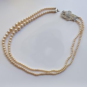 Stunning Vintage Double Strand Faux Pearls with Rhinestone Left Side Clasp Necklace, Made in Japan