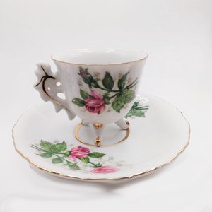 Vintage Porcelain Rosebuds  Three Footed Demitasse Teacup and Saucer Set