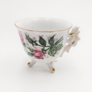 Vintage Porcelain Rosebuds  Three Footed Demitasse Teacup and Saucer Set