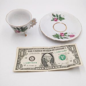 Vintage Porcelain Rosebuds  Three Footed Demitasse Teacup and Saucer Set