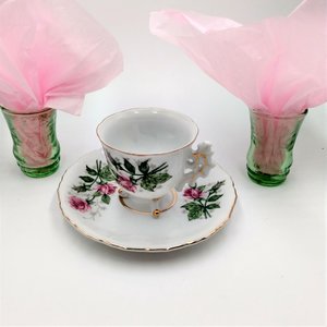 Vintage Porcelain Rosebuds  Three Footed Demitasse Teacup and Saucer Set