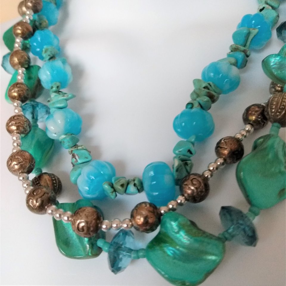 Vintage Teal Dyed Mother of Pearl, Silver, Glass, Crystal Turquoise Beaded Multi Strand Statement Necklace