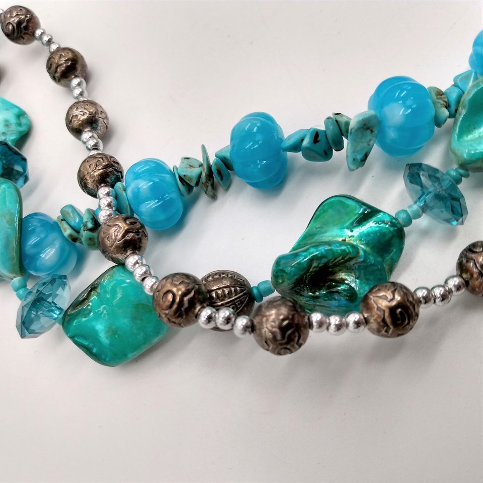 Vintage Teal Dyed Mother of Pearl, Silver, Glass, Crystal Turquoise Beaded Multi Strand Statement Necklace