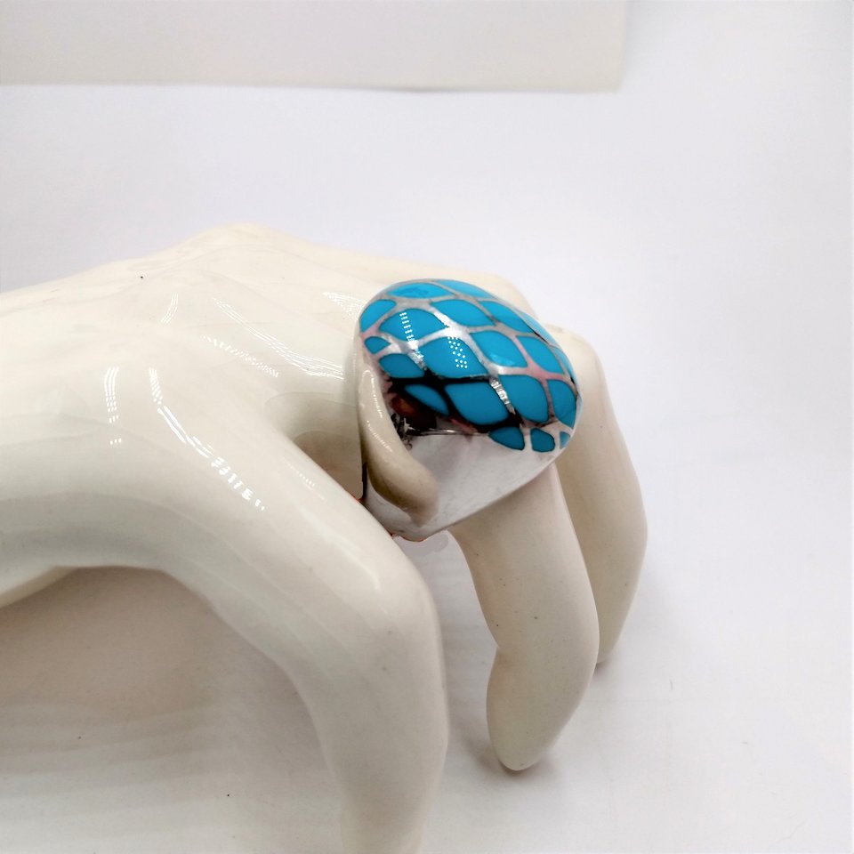 Chunky Vintage Sterling Silver and Turquoise Trellis Criss Cross Dome Ring, Size 7