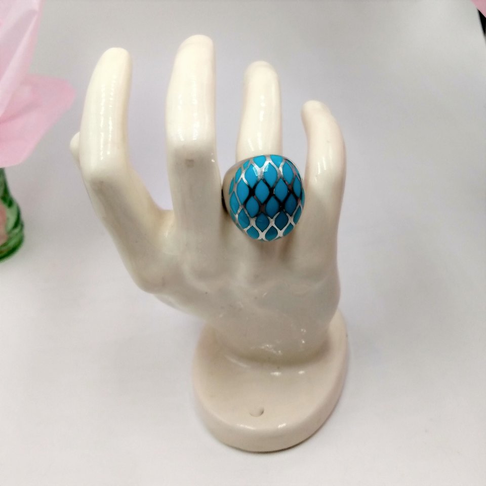 Chunky Vintage Sterling Silver and Turquoise Trellis Criss Cross Dome Ring, Size 7