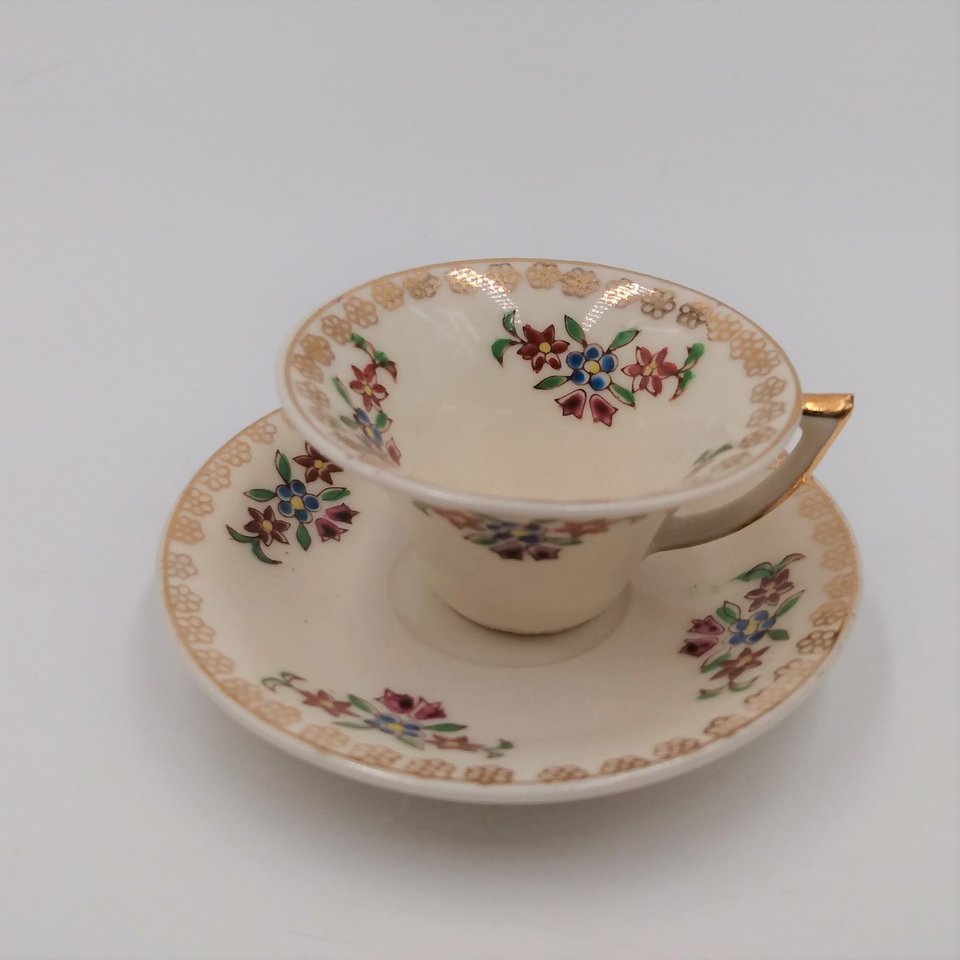 Miniature Teacup Demitasse Cup and Saucer Set, Floral Design Made in Occupied Japan, Vintage