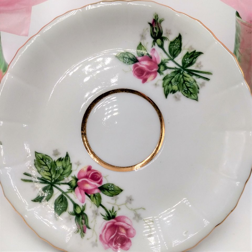 Vintage Porcelain Rosebuds  Three Footed Demitasse Teacup and Saucer Set