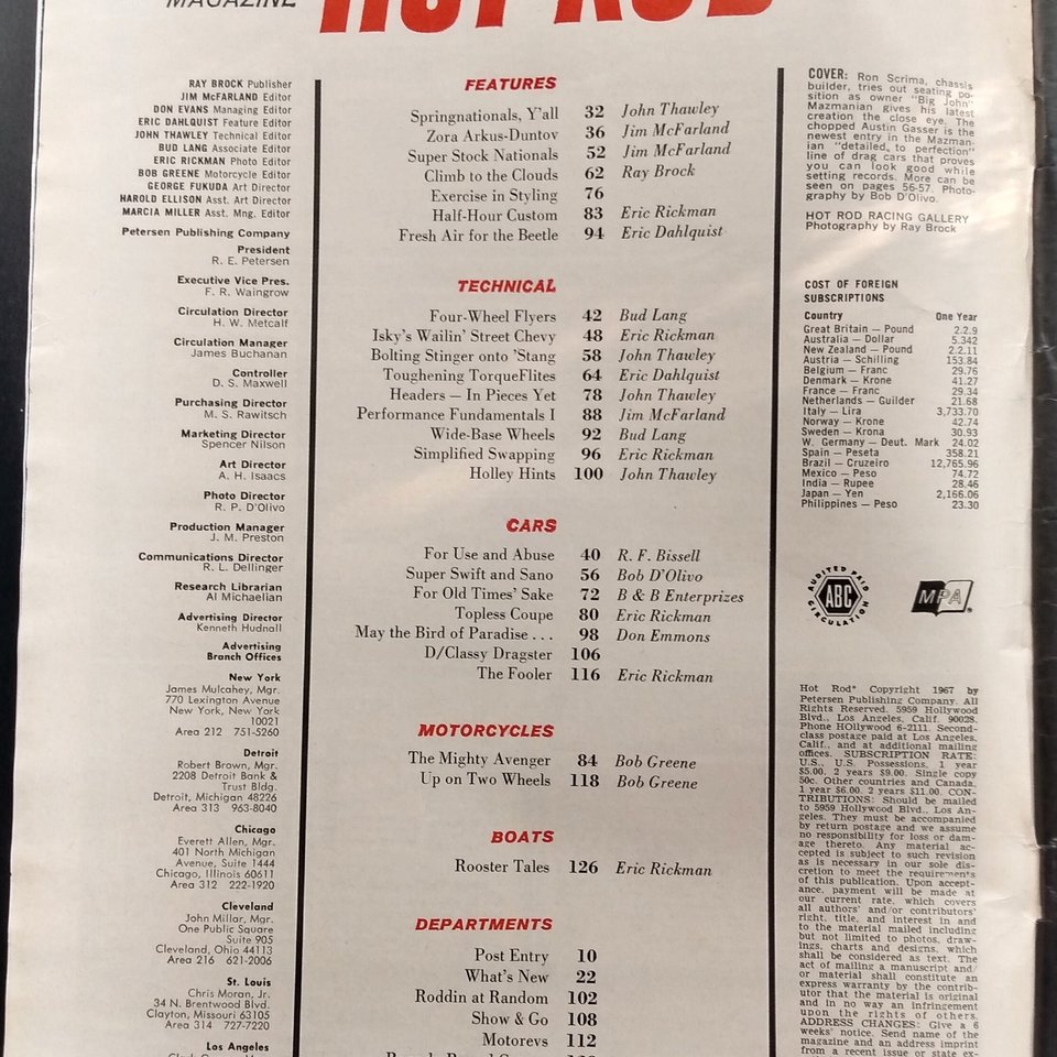 HOT ROD  September 1967 Magazine, Great gift for Dad and Grampa. Original price 50 cents!!!