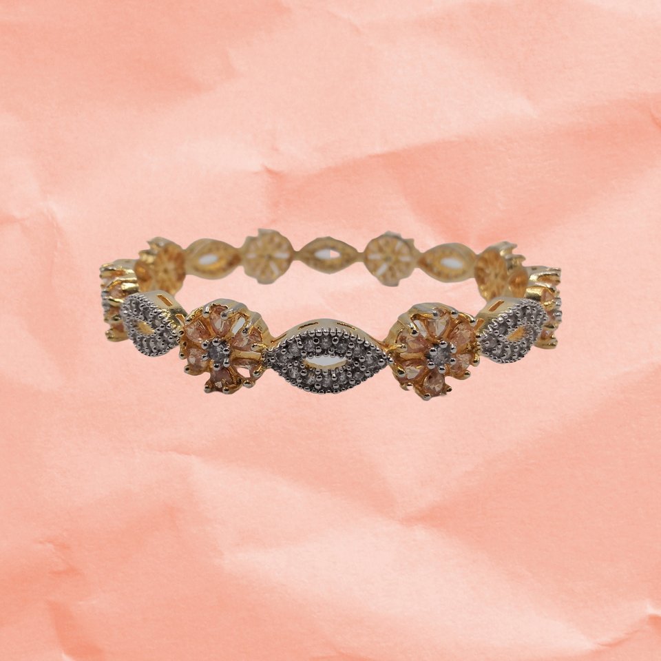 Vintage Cubic Zirconia and Peach Gems Gold Plated Bangle Bracelet for Women