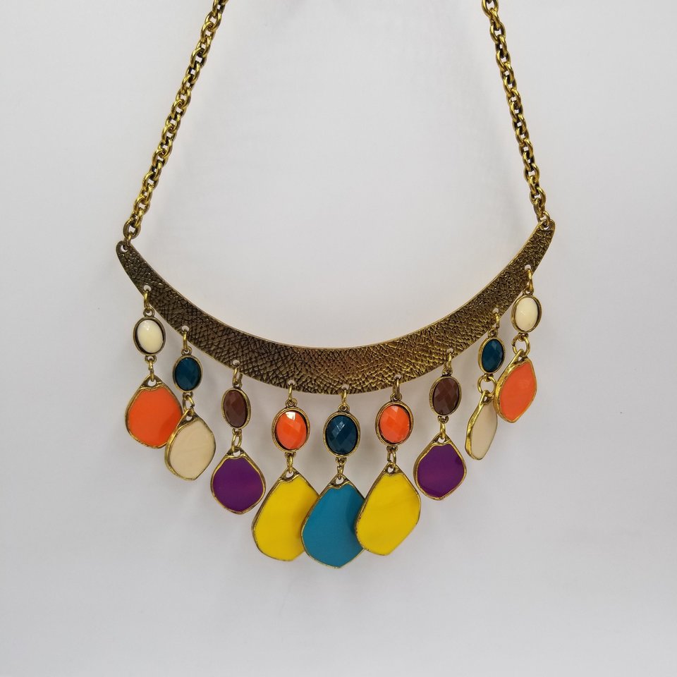 80's Exciting Colorful Brass Tone Fringe Bib Statement Necklace