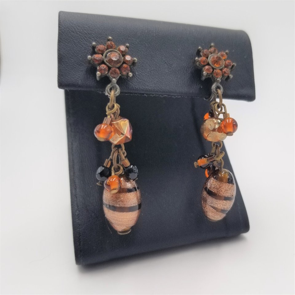 Stunning Vintage Lampwork Murano Style Glass Beads and Rhinestones Dangle Screw Back Earrings