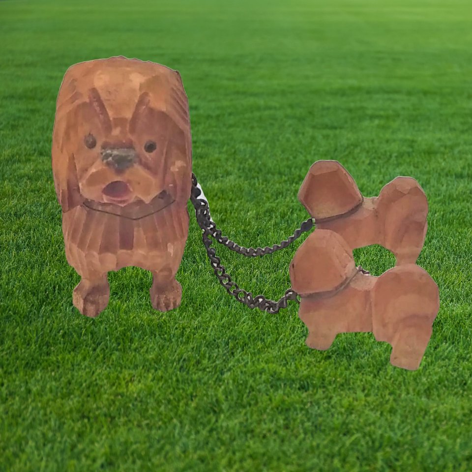 1940's Hand Carved Wooden Chained Sheepdogs Mom and 2 Pups