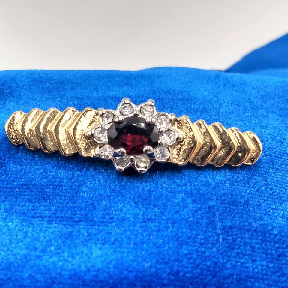 Vintage Gold Plated and Simulated Garnet and Rhinestones Bar Pin Brooch