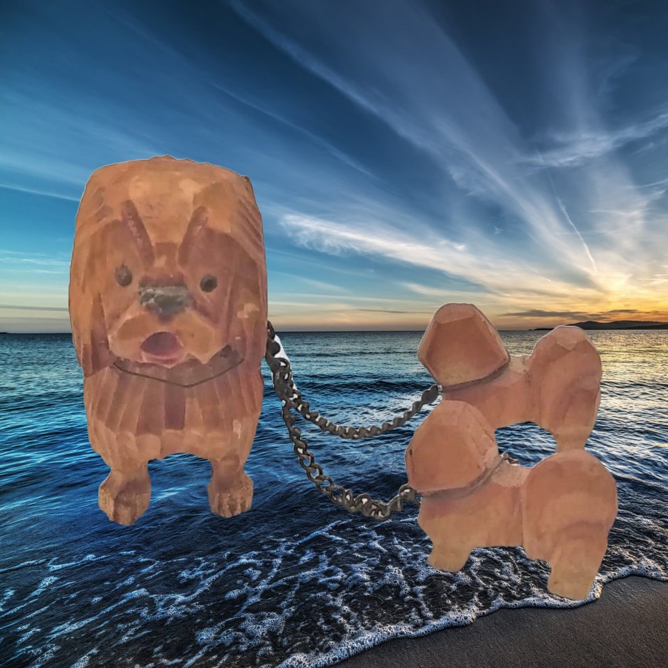 1940's Hand Carved Wooden Chained Sheepdogs Mom and 2 Pups