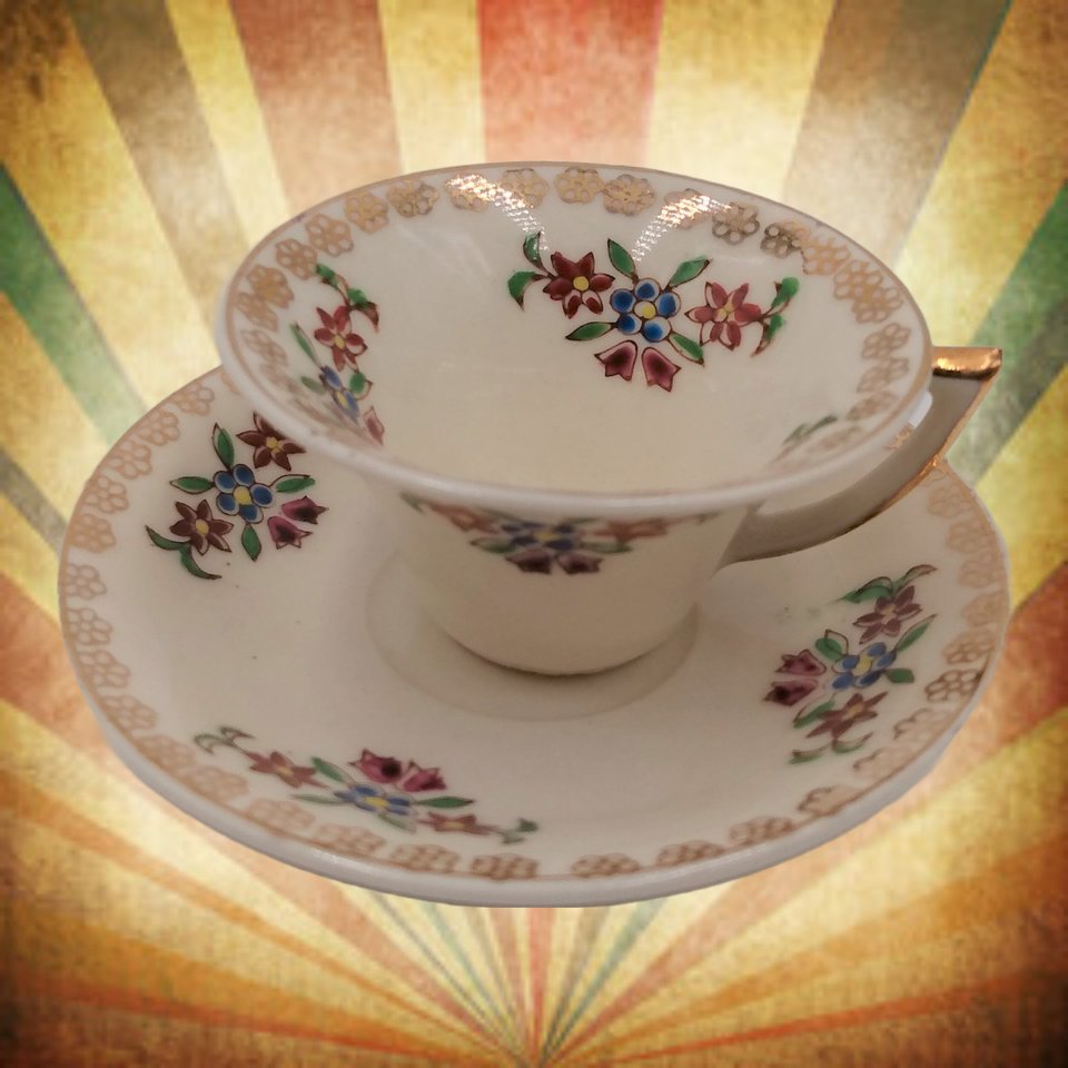 Miniature Teacup Demitasse Cup and Saucer Set, Floral Design Made in Occupied Japan, Vintage