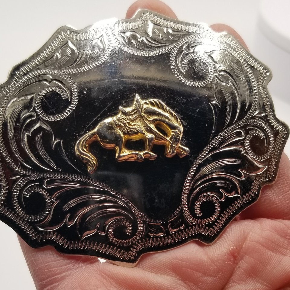 Western Two Toned Vintage Stamped Shiny Nickel Plated and Brass Bronco Horse Rodeo Belt Buckle