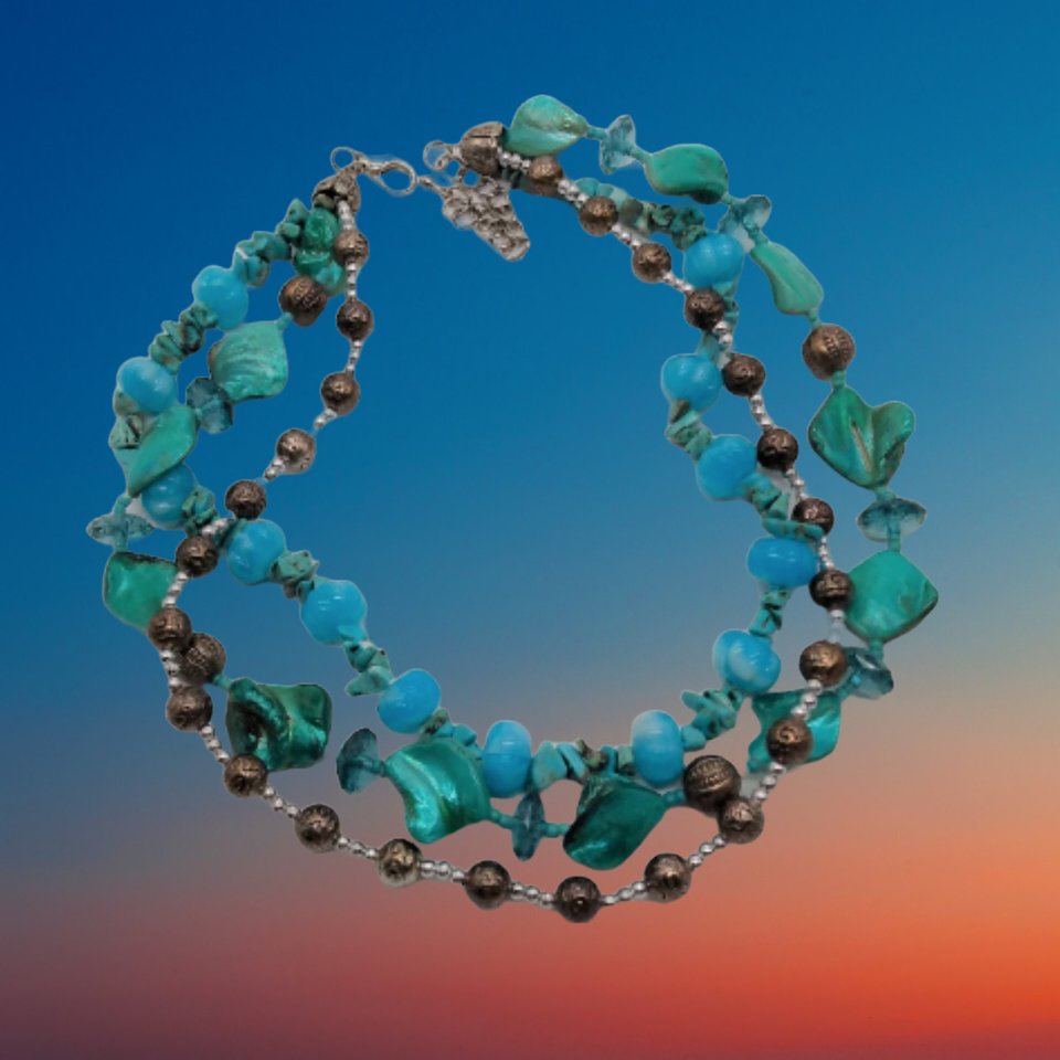 Vintage Teal Dyed Mother of Pearl, Silver, Glass, Crystal Turquoise Beaded Multi Strand Statement Necklace