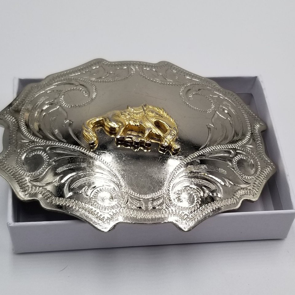 Western Two Toned Vintage Stamped Shiny Nickel Plated and Brass Bronco Horse Rodeo Belt Buckle