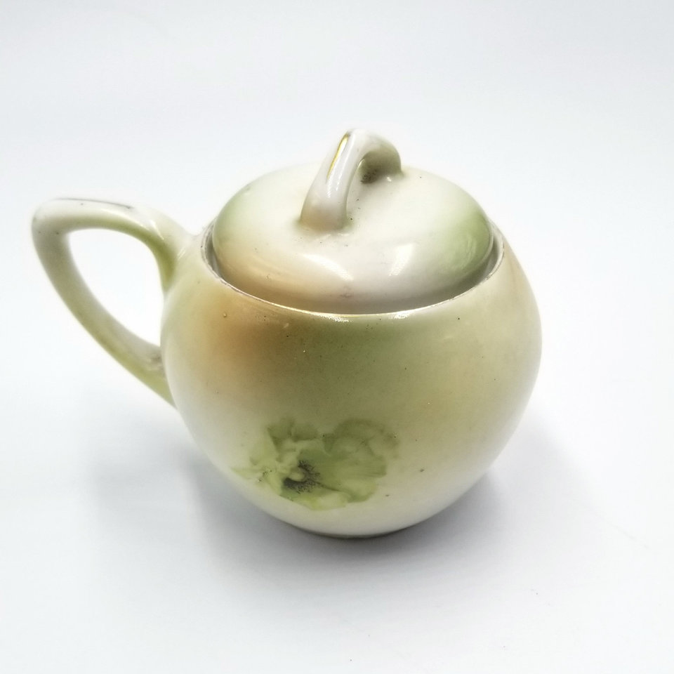 Beautiful Antique R S Germany Green and White Poppies Porcelain Lidded Sugar Bowl