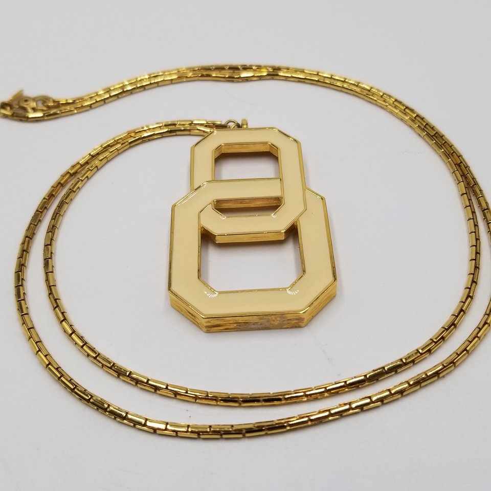 MONET Gold Tone and Light Cream Yellow Enamel Interlocking Links Pendant and Snake Chain