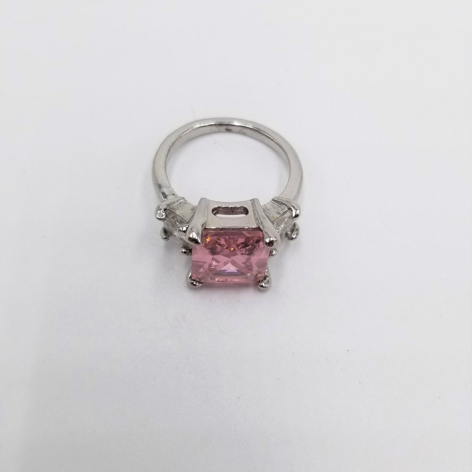 Fun Vintage Silver Tone Large Pink and Clear Princess Cut Cubic Zirconia Fashion Ring Size 5.75