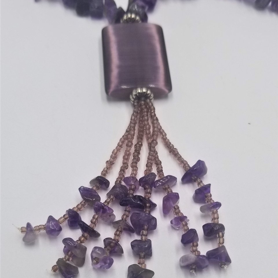 Beautiful Vintage Natural Amethyst Chip Beaded Tassel Necklace