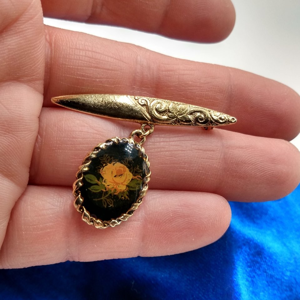Vintage Victorian Revival Gold Tone Bar Pin with Dangling Portrait of a Rose Brooch