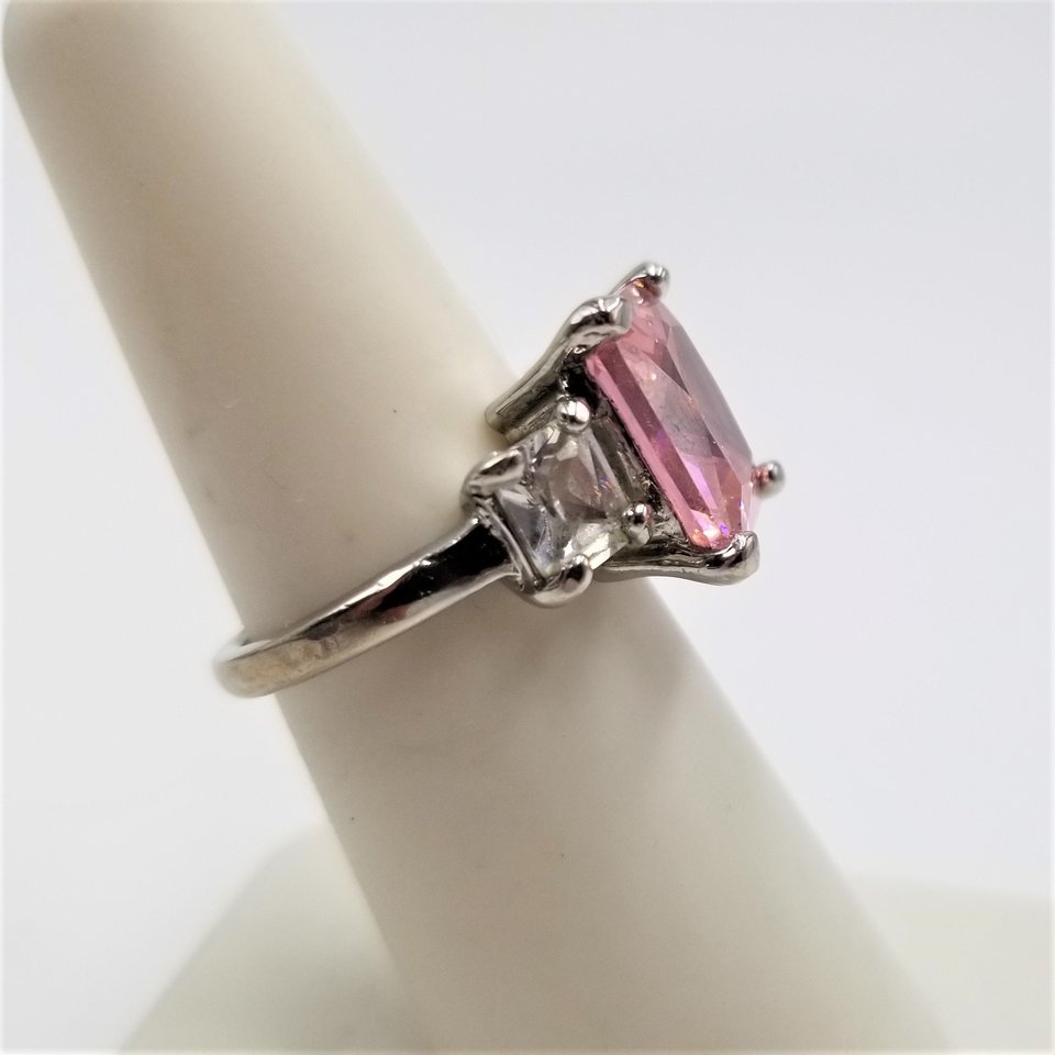 Fun Vintage Silver Tone Large Pink and Clear Princess Cut Cubic Zirconia Fashion Ring Size 5.75