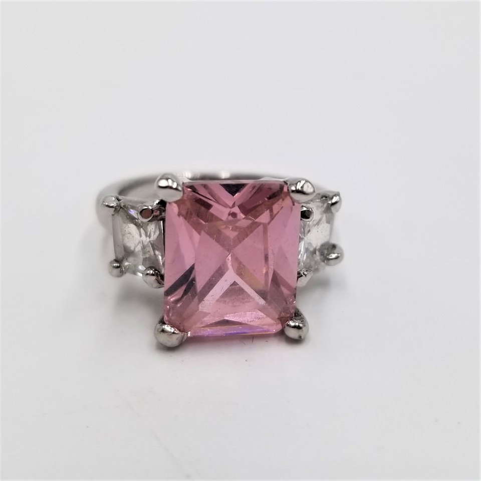 Fun Vintage Silver Tone Large Pink and Clear Princess Cut Cubic Zirconia Fashion Ring Size 5.75